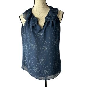 Cabi Ever Tank Top Floral‎ Navy Blue Split V Neck #3984 Women's Small